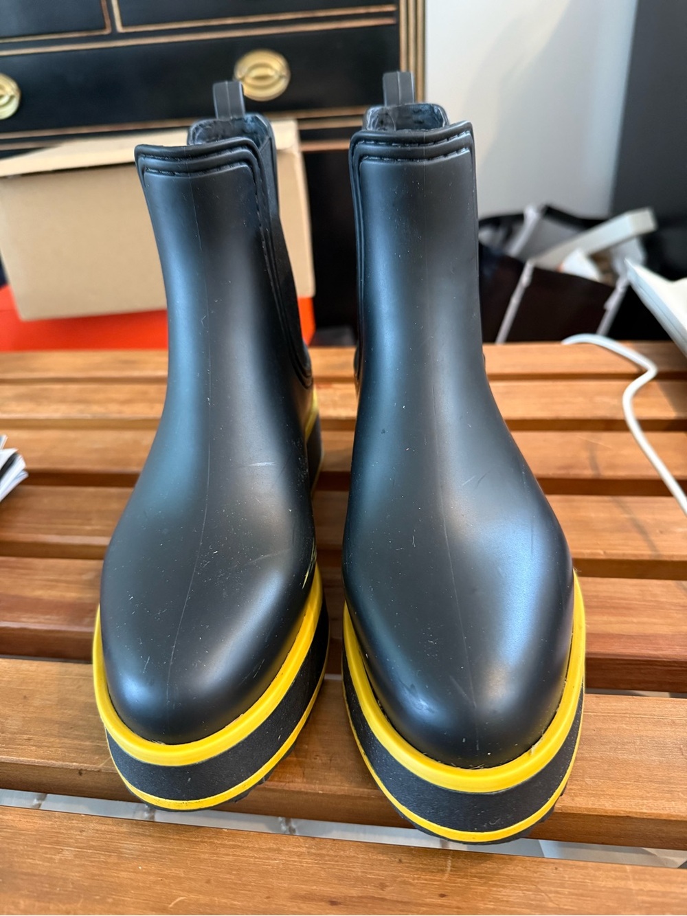 Bernardo Black Rain Chelsea Boot with Yellow Trim